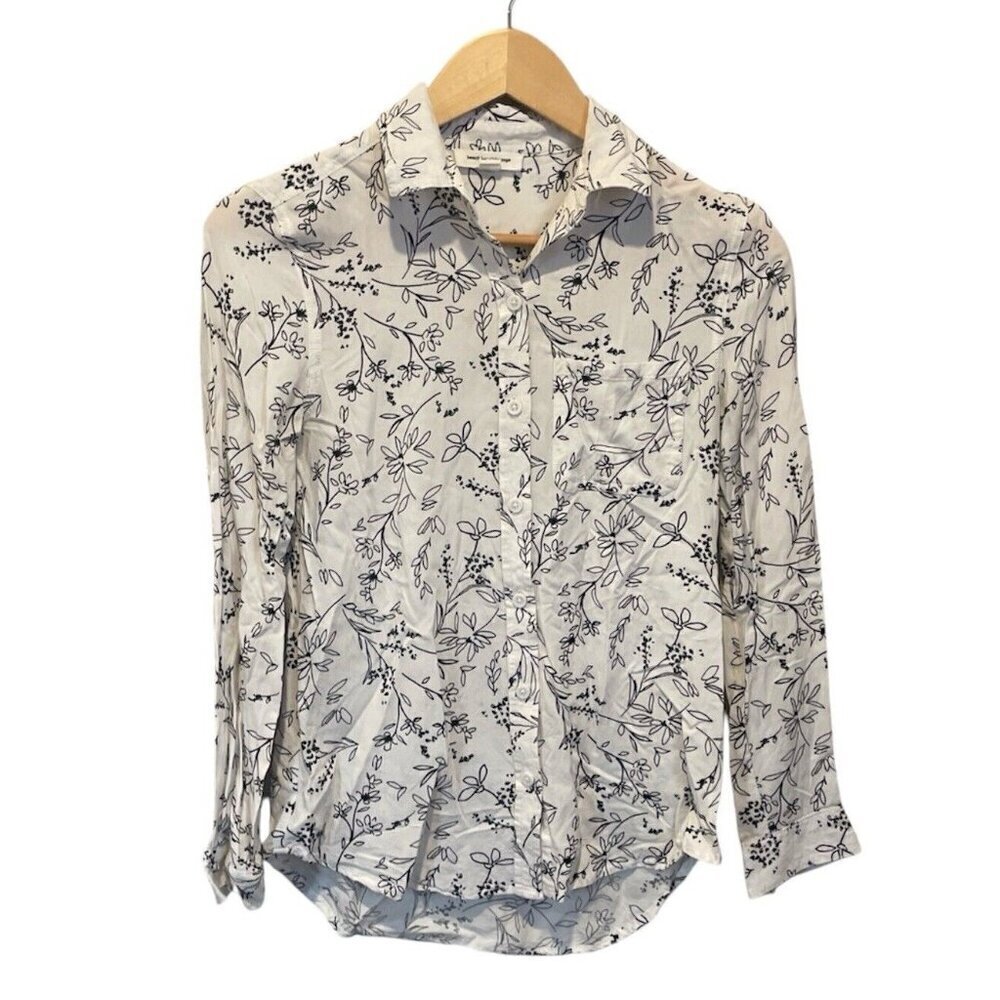 Beach Lunch Lounge Shirt Women XS Button Down Long Sleeve Floral White Viscose
